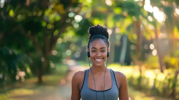 Smiling woman with headphones.