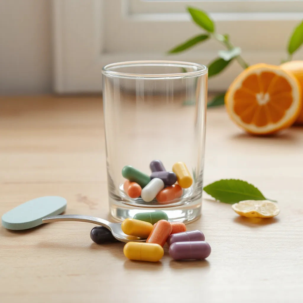 Colorful vitamin supplements and capsules on a wooden surface under soft morning light