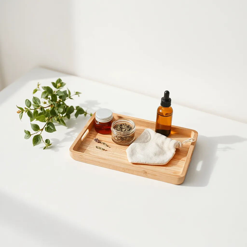 Minimal tray of herbal wellness items with glass jars, a dropper bottle, and a small plant.