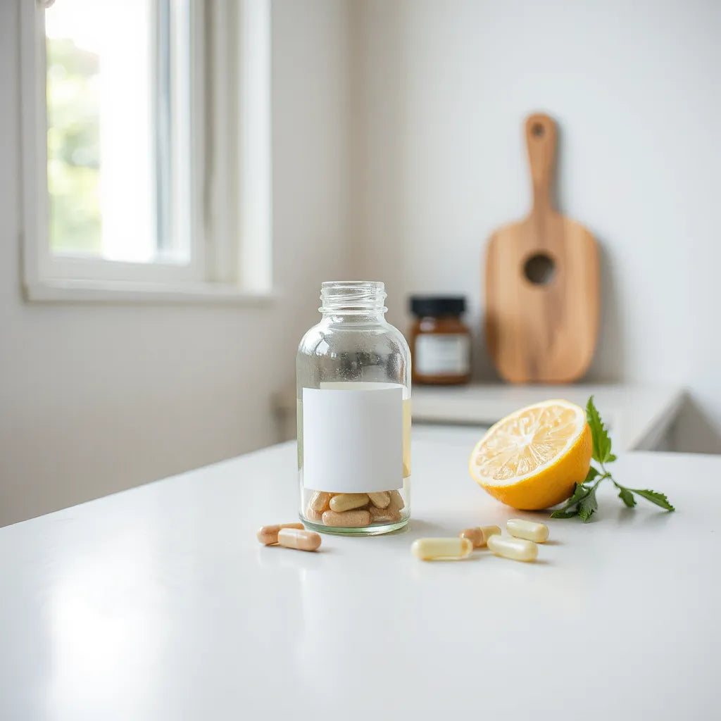 Liver support supplement bottle with capsules, lemon, and herbs on a clean counter