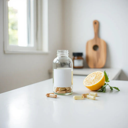 Liver support supplement bottle with capsules, lemon, and herbs on a clean counter