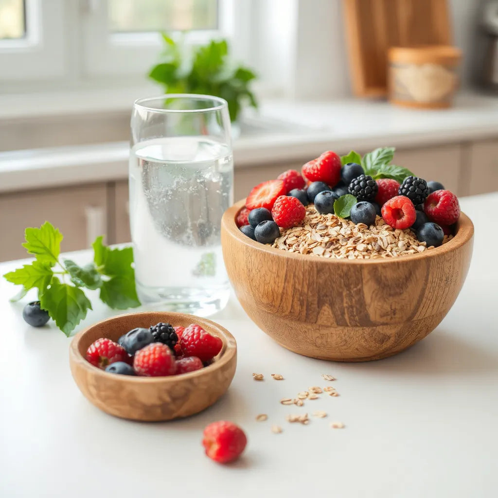 Mixed high-fiber foods and a glass of water on a clean kitchen counter