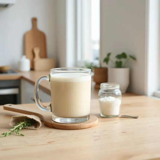 Glass mug of creamy collagen peptide drink mix with scoop and small jar of powder on a wooden counter