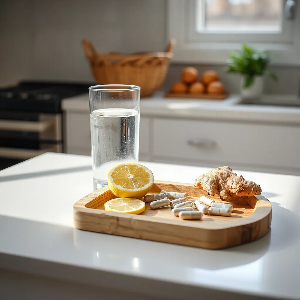 Supplements in a wood tray beside ginger and lemon on a sunlit countertop for digestive comfort