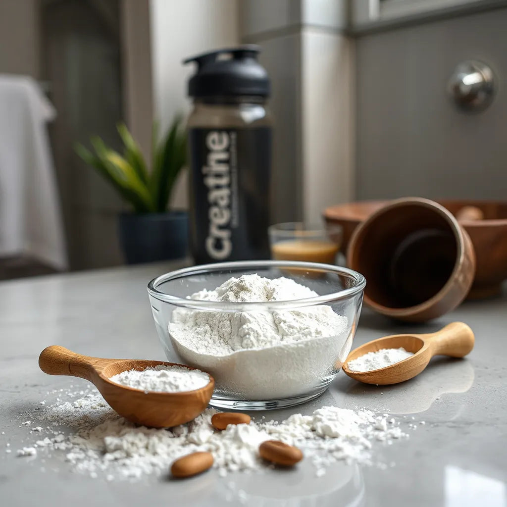Creatine monohydrate powder in a glass bowl with a wooden scoop and a blurred shaker bottle in the background
