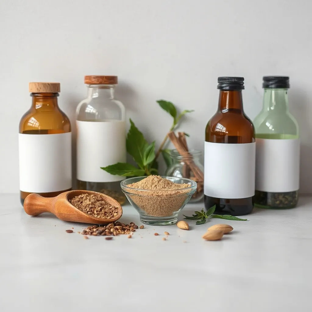 Wooden scoop and glass bowl of plant-based powder with fresh herbs and seeds on a clean countertop