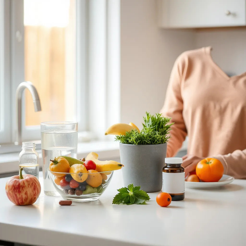 Morning wellness setup with water, colorful produce, and a supplement bottle on a bright kitchen counter