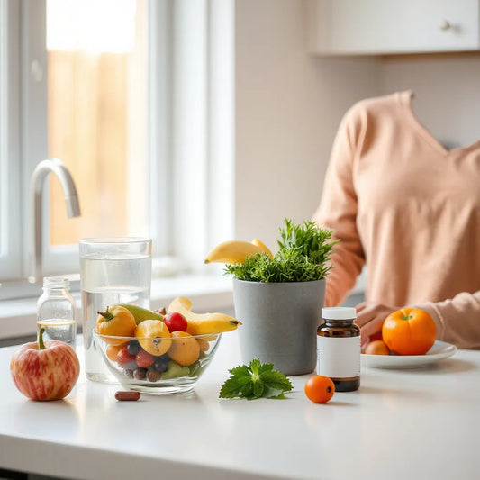 Morning wellness setup with water, colorful produce, and a supplement bottle on a bright kitchen counter