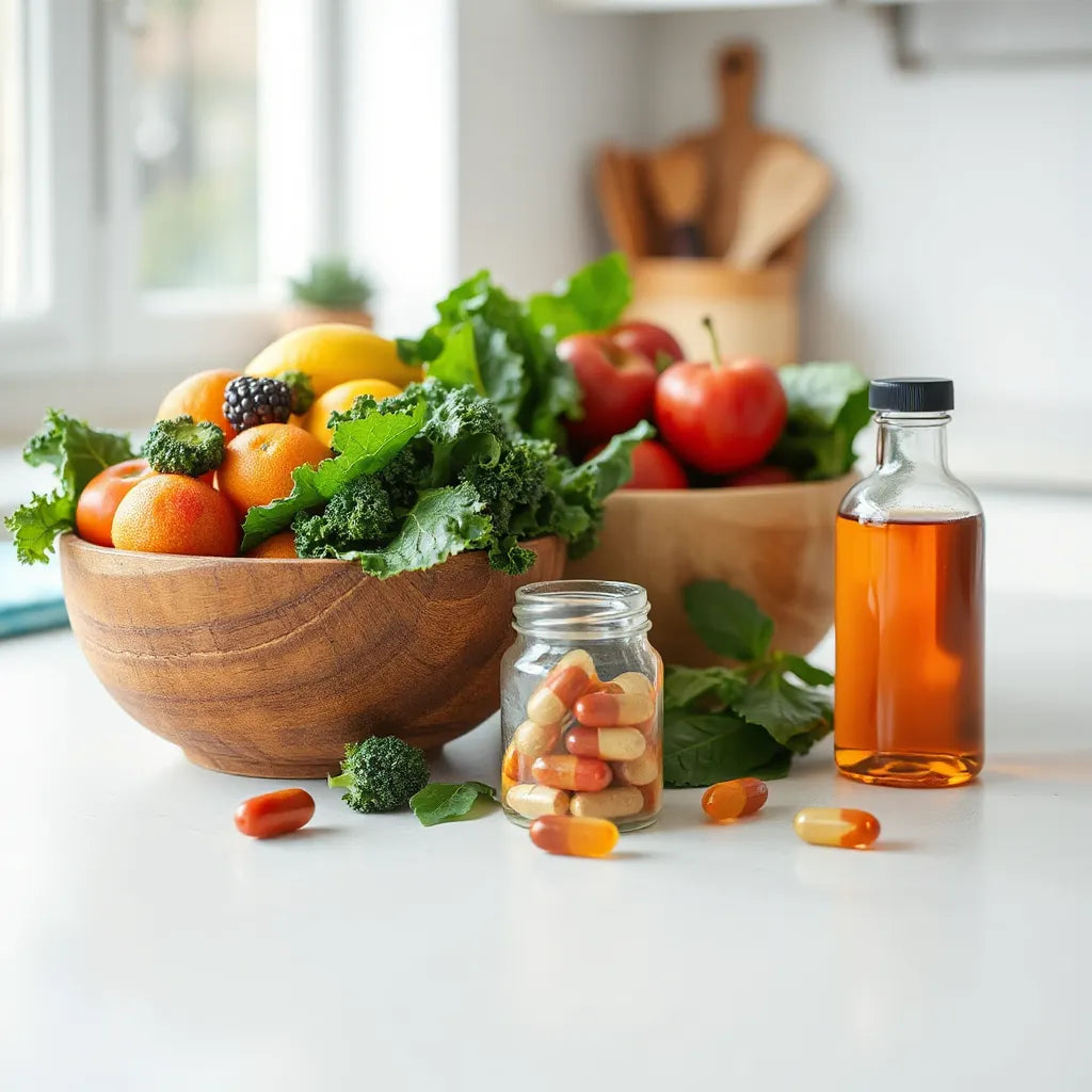 Plant-based capsules alongside fruits and leafy greens on a bright kitchen countertop