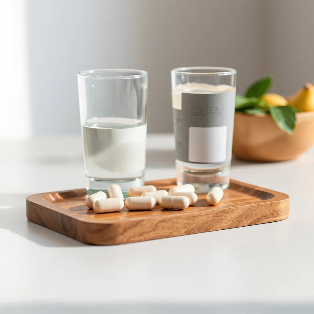 Unbranded supplement capsules and a glass of water on a wooden tray with soft natural light