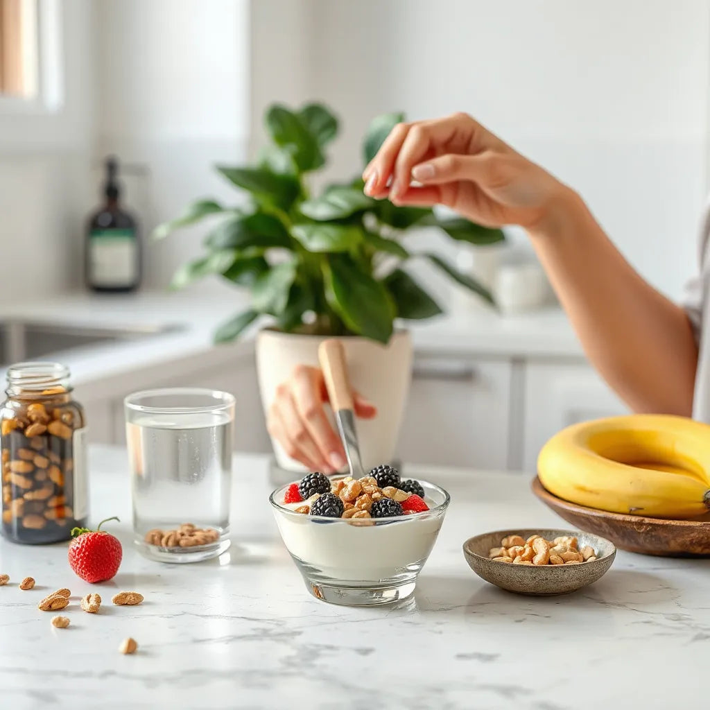 Balanced breakfast with berries, nuts, and water in a bright kitchen for immune system support