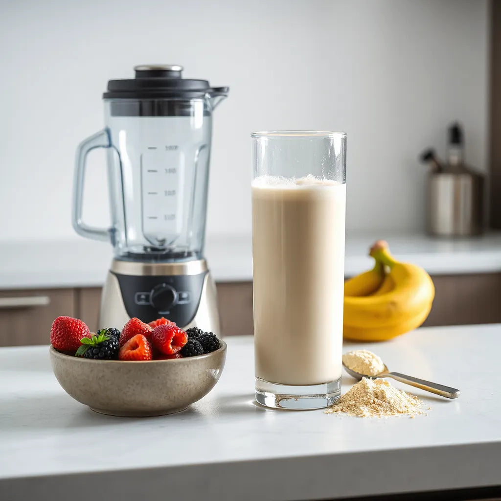 Creamy organic protein shake in a glass bottle with fresh fruit and protein powder nearby