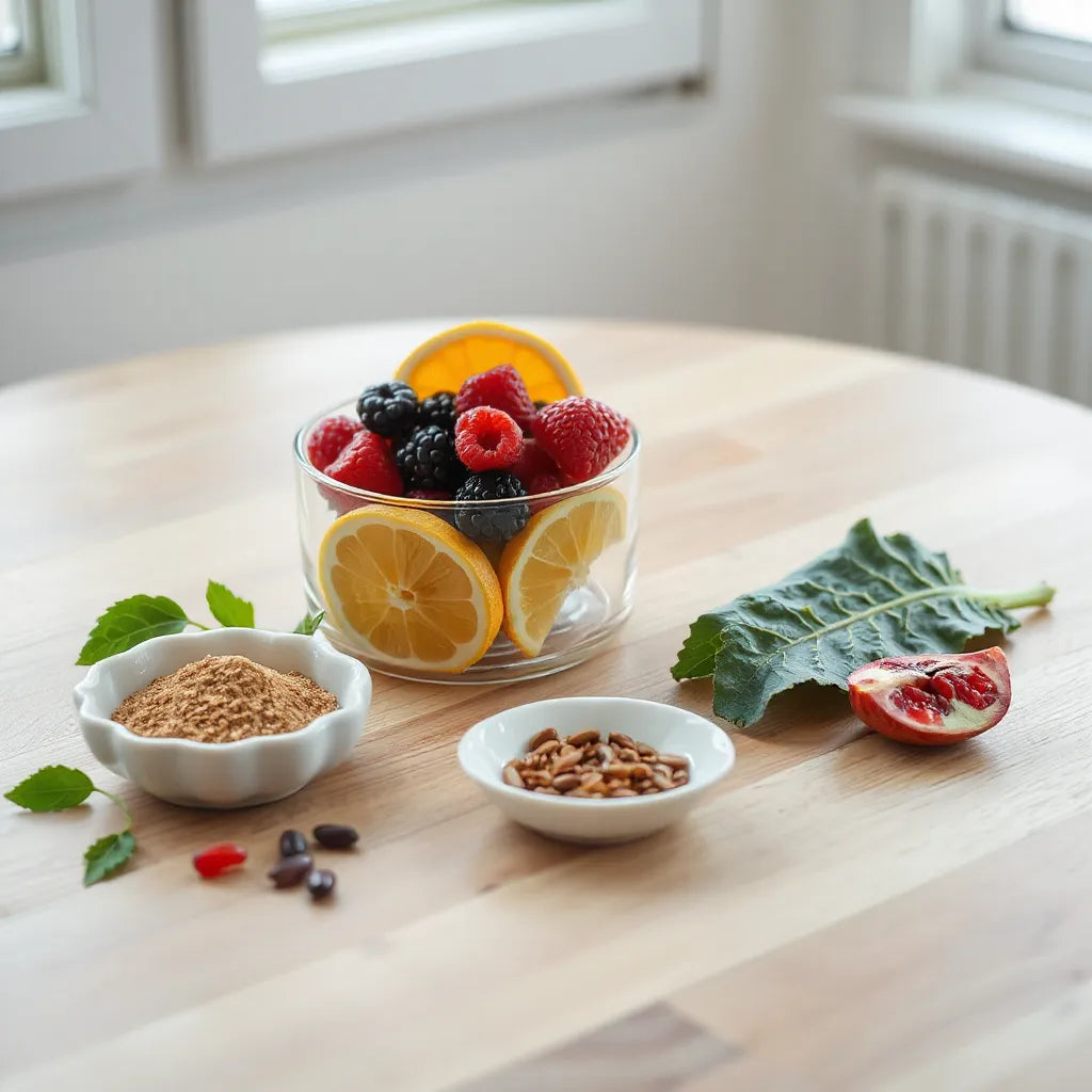 Colorful berries, citrus, and green ingredients arranged with a small supplement powder dish under natural light