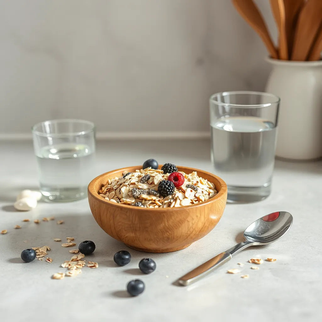 Mixed fiber-rich foods and chia seeds beside a glass of water on a kitchen countertop