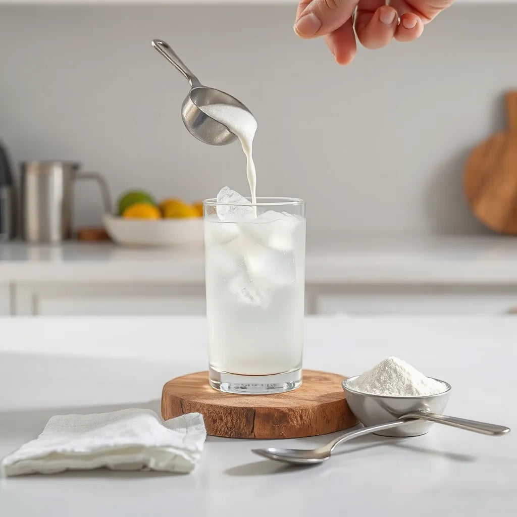 Glass of ice-cold collagen drink mix being poured with a scoop of powder on a clean countertop