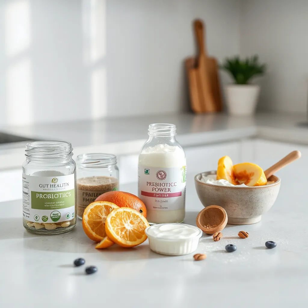 Natural gut health products on a kitchen counter with probiotic jars and yogurt in soft morning light