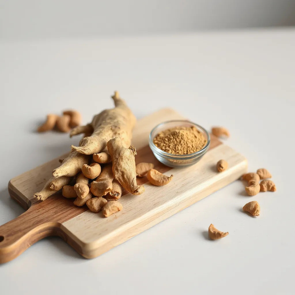 Fresh maca root and a small bowl of maca powder on a wooden surface