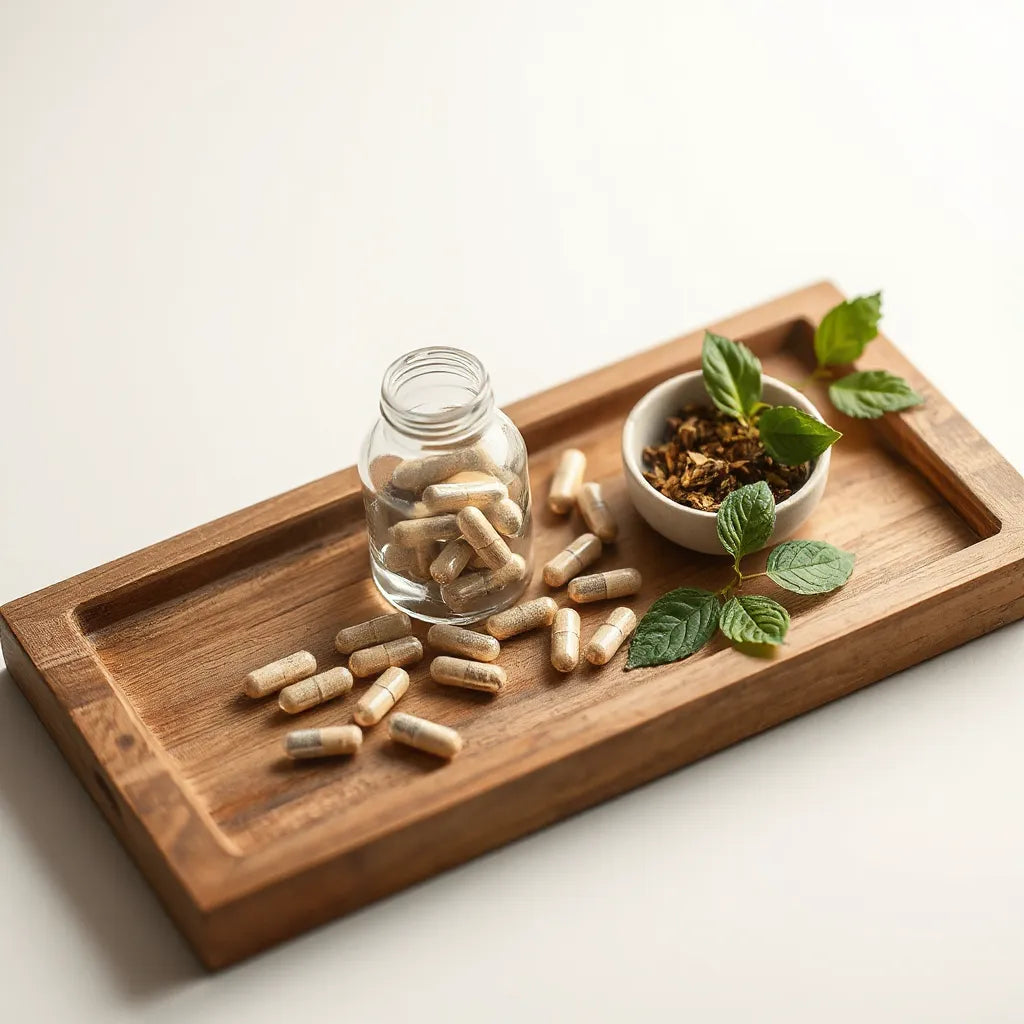 Plant-based supplement capsules with herbs and fresh green leaves on a wooden tray