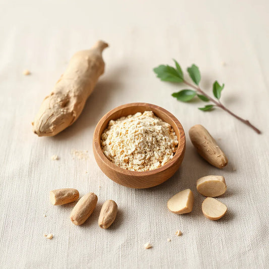 Maca root powder in a wooden bowl with fresh maca roots on a neutral linen background