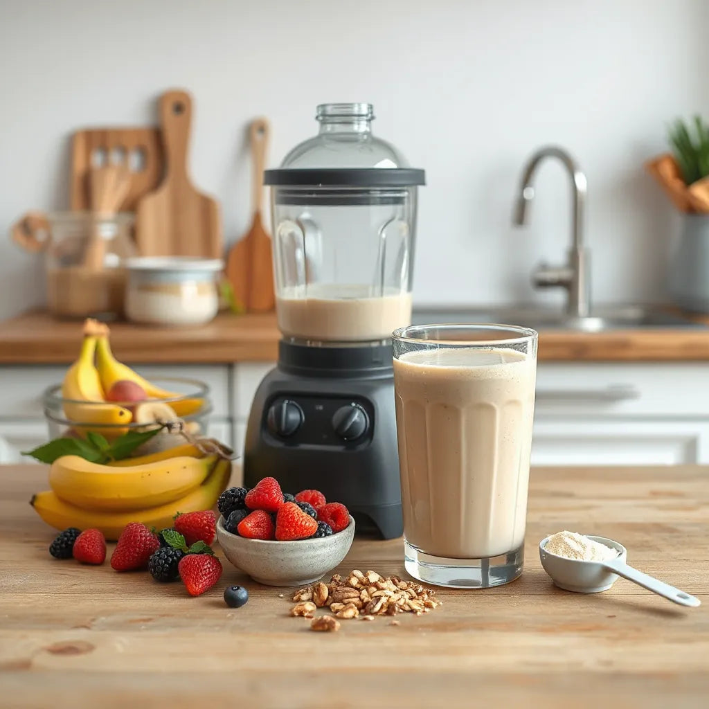 Glass shaker bottle with a creamy protein shake, nuts and berries on a wooden kitchen counter