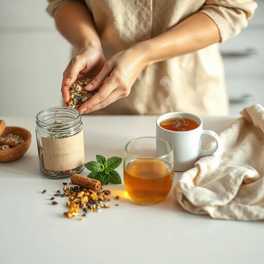 Hands arranging dried herbs beside a mug of herbal tea on a kitchen counter