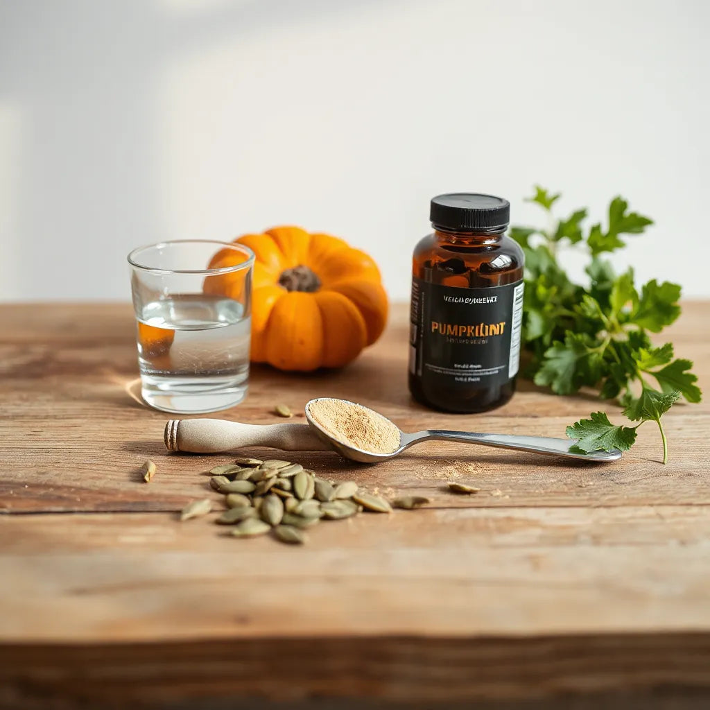 Minimal countertop scene with vegan supplement bottles, a spoonful of powder, and natural plant ingredients