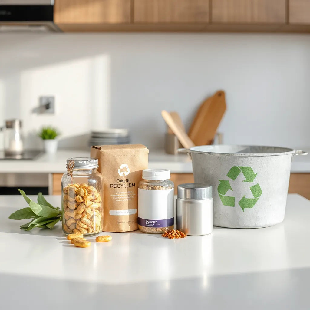 Recyclable supplement containers on a countertop beside a recycling bin