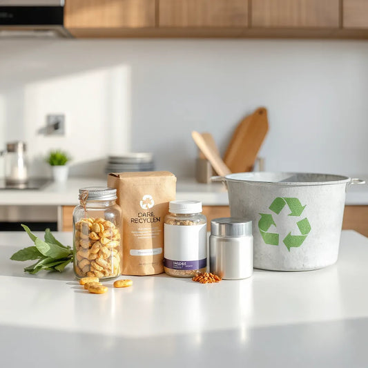Recyclable supplement containers on a countertop beside a recycling bin