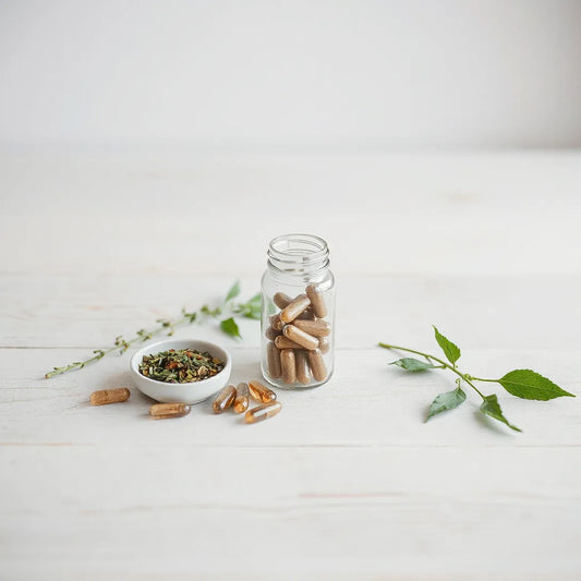 Plant-based supplement bottle with capsules and fresh green leaves on a light wood table