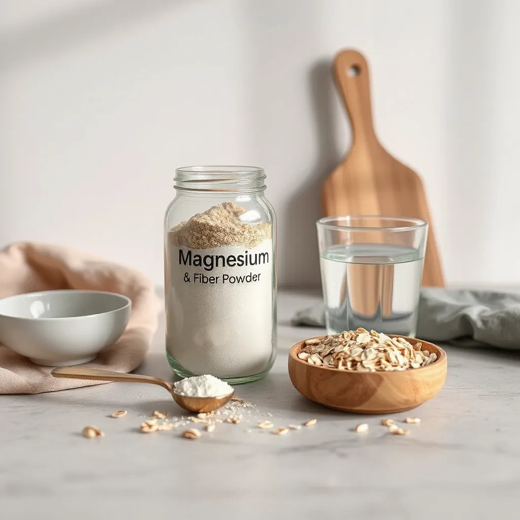 Magnesium and fiber supplement jar and scoop beside fiber-rich oats and a glass of water
