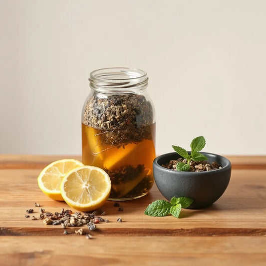 Jar of herbal tea blend with dried herbs, lemon, and mint on a wooden countertop