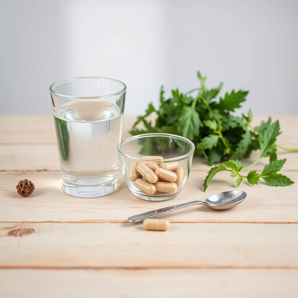 Probiotic capsules and a glass of water with green herbs on a clean light wood surface