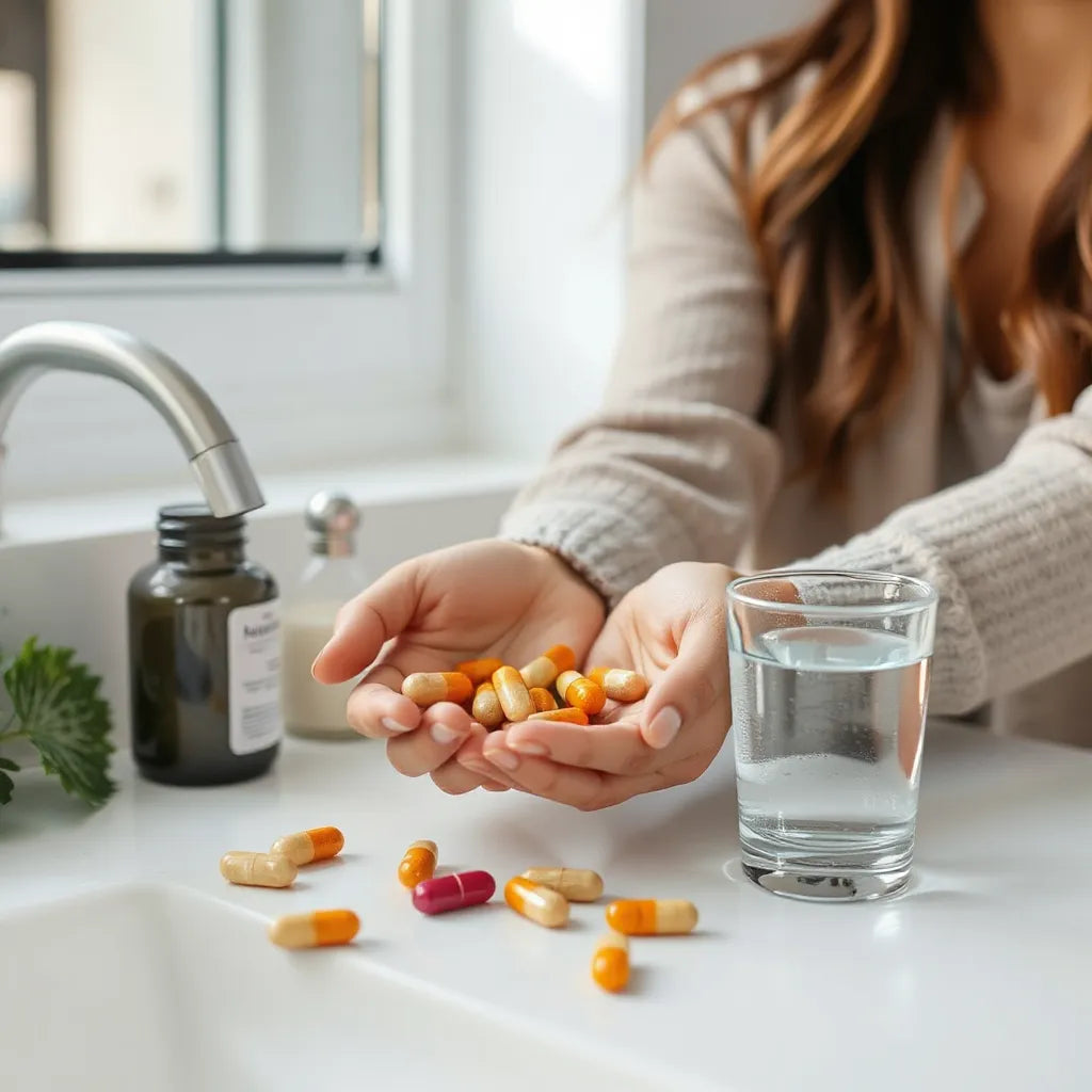 Woman’s hands holding capsules and a glass of water on a clean counter with soft natural light