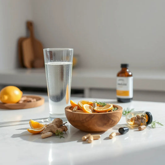 Supplement capsules, a small bottle, and immune-support ingredients with a glass of water on a clean countertop