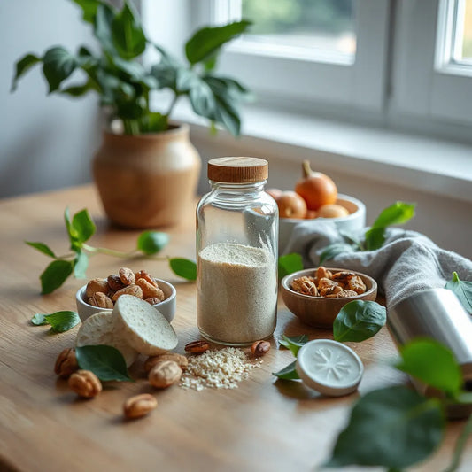 Natural whole-food supplement powder with nuts and dried fruit on a wooden counter beside fresh greens