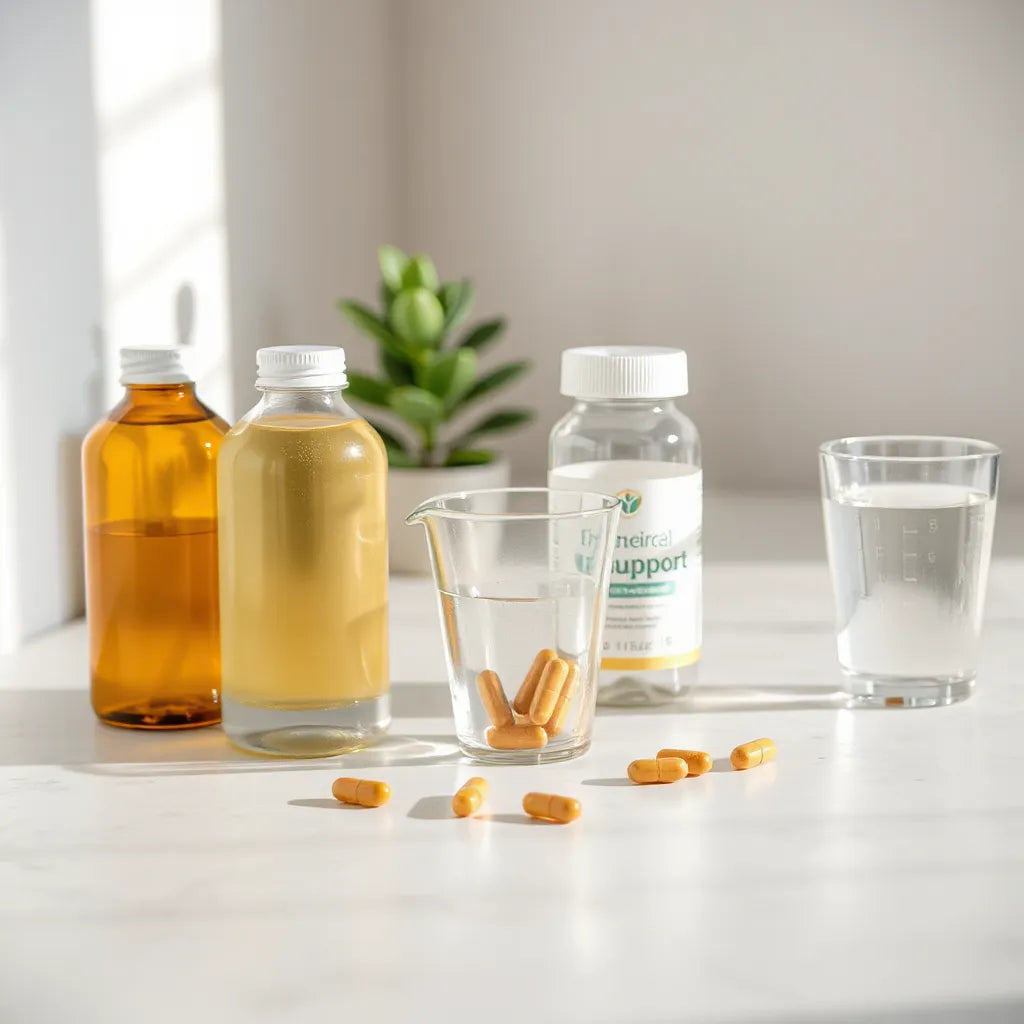 Capsules, supplement bottles, and a glass of water on a minimal countertop in soft morning light