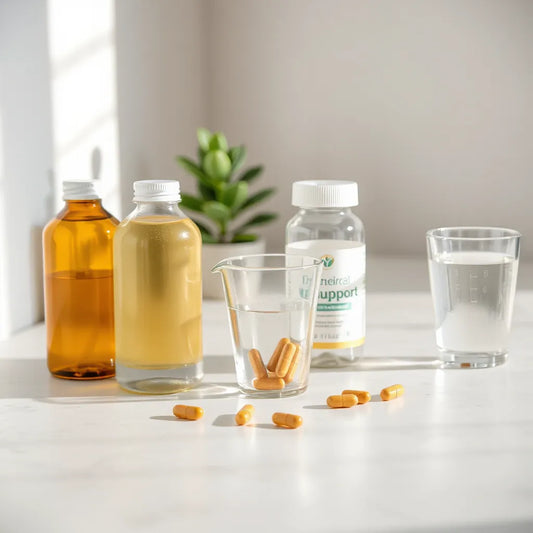 Capsules, supplement bottles, and a glass of water on a minimal countertop in soft morning light