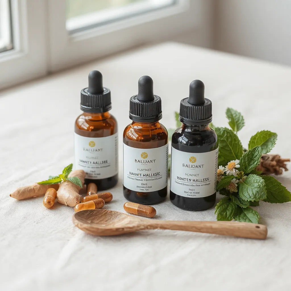 Herbal tincture bottles and fresh calming herbs arranged neatly on a light linen surface