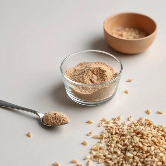 Brown rice protein powder in a small bowl with a spoon and a few brown rice grains