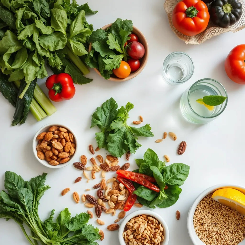 Assortment of fresh whole foods—vegetables, grains, legumes, nuts, and seeds on a table