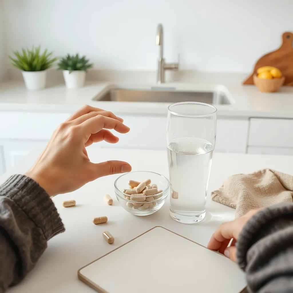 Capsules and a glass of water on a kitchen counter, suggesting probiotic supplements for digestion