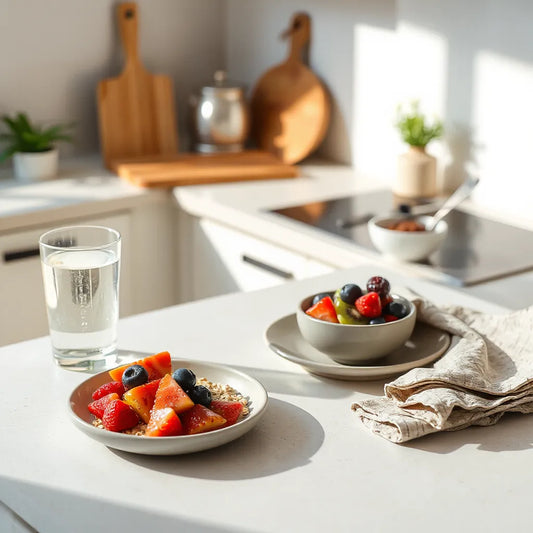 Glass of water and healthy breakfast items on a kitchen counter in soft natural light