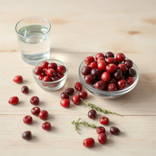 Fresh cranberries in a bowl with clear water and soft natural light on a minimal background