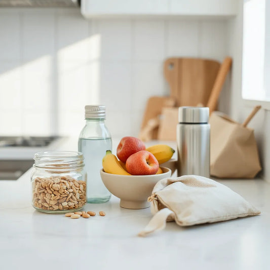 Neatly arranged healthy lifestyle items on a clean kitchen counter with fruit, grains, and a reusable bottle