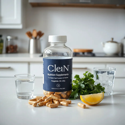 Glass bottle and capsules of clean supplements with natural ingredients and water on a bright countertop