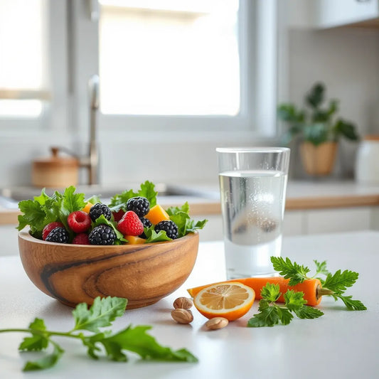 Whole food ingredients like berries, greens, and nuts arranged beside a glass of water