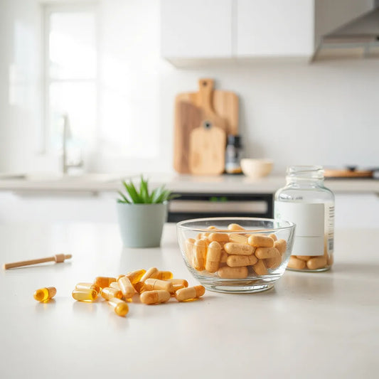 Supplement bottle and capsules on a clean countertop beside probiotic ingredients