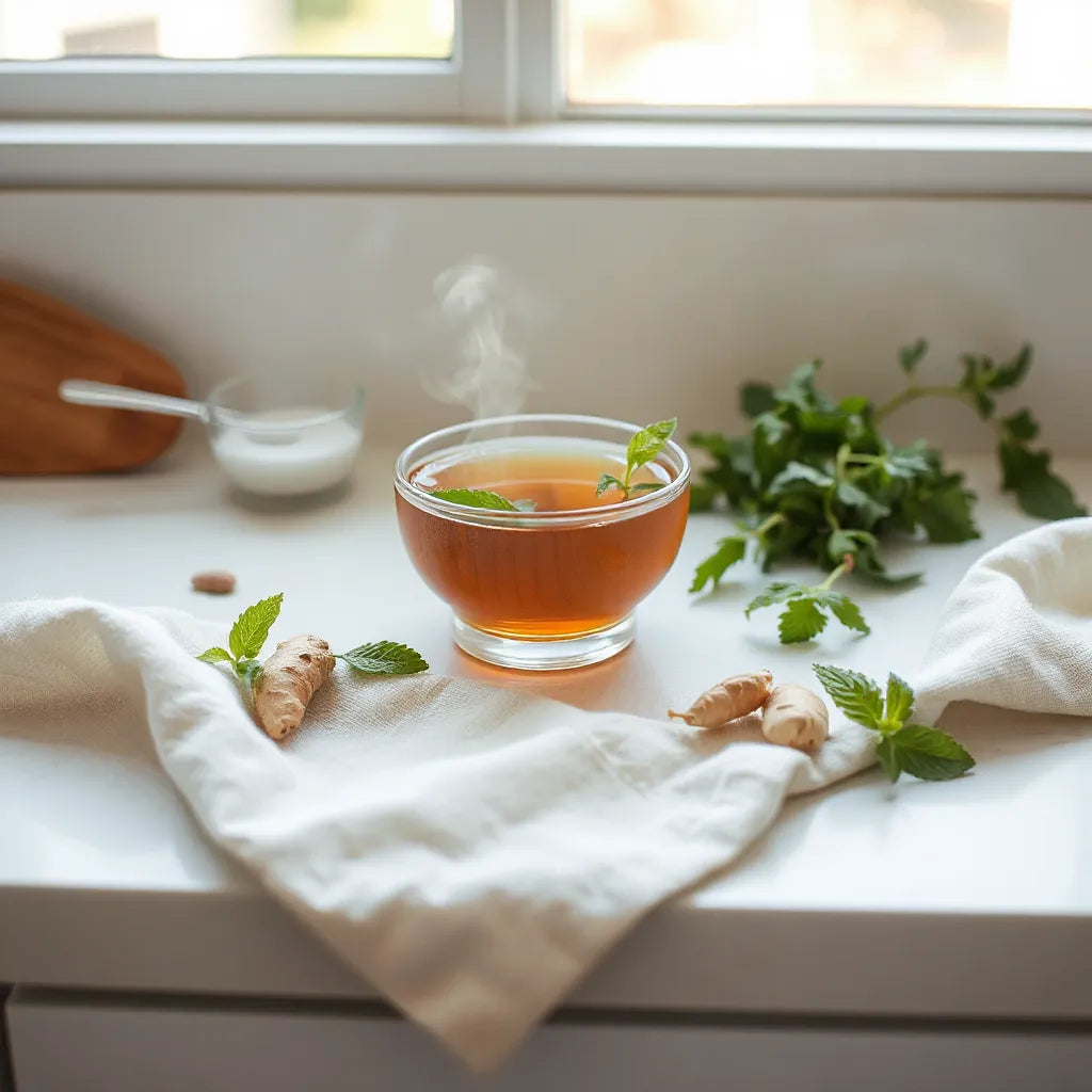 Warm cup of herbal tea with fresh digestive herbs on a clean, minimal countertop