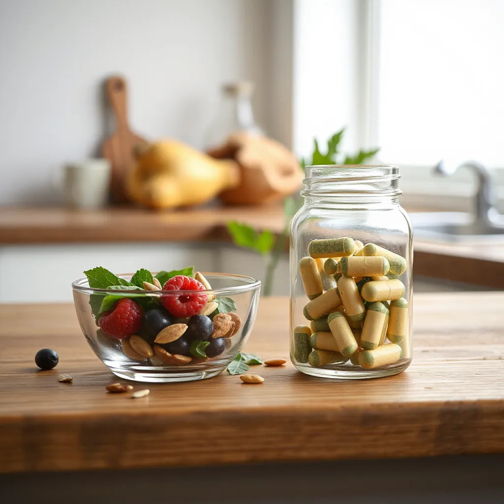 Whole foods and a jar of supplement capsules on a kitchen counter in natural light