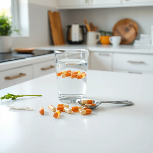 Capsules and a glass of water on a clean countertop in soft morning light